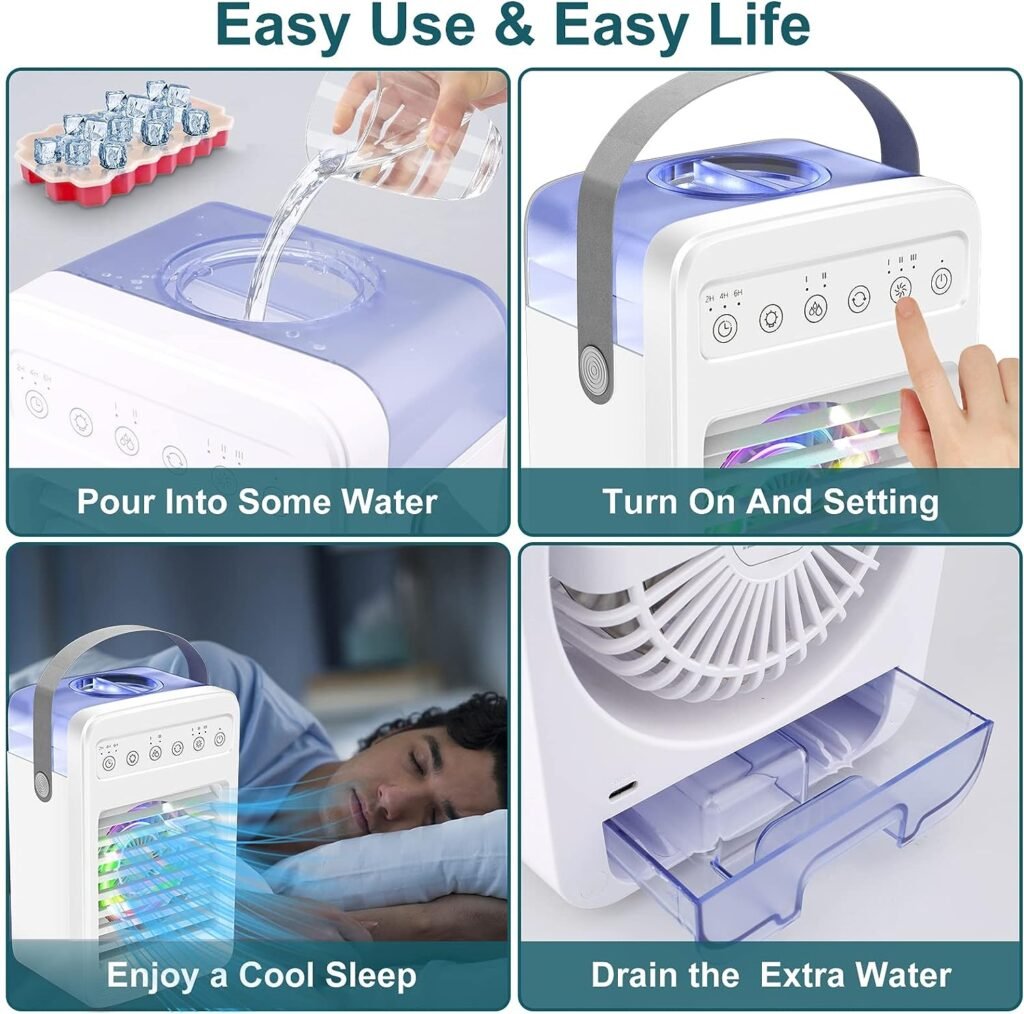 2023 Newest Upgraded Mini Air Conditioner,Air Conditioner Portable with Ice Cube Tray,Oscillating Portable Ac with Timer,4 Speeds 2 Cool Mist,Small Air Conditioner for Room Kitchen Office Bedroom