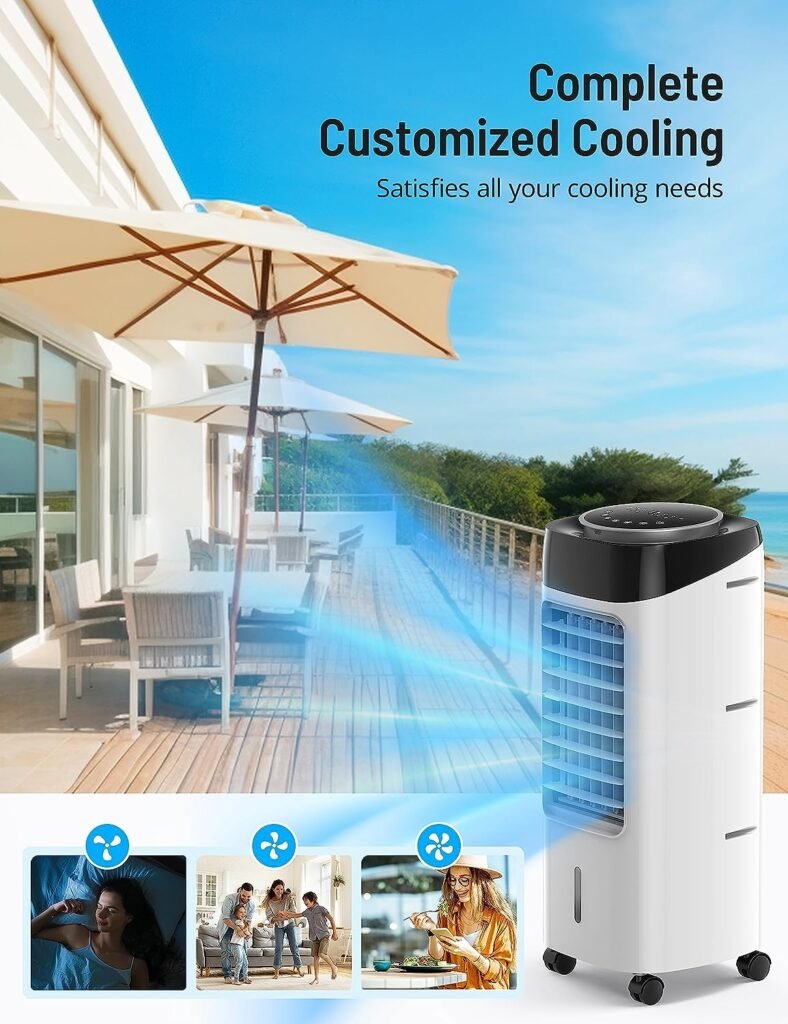 Paris Rhône Evaporative Air Cooler, 3-in-1 Portable Air Conditioners, Air Conditioner Portable for Room, Windowless AC Fan with Remote,120° Oscillation, 3 Wind Speeds, Swamp Cooler for Bedroom Office