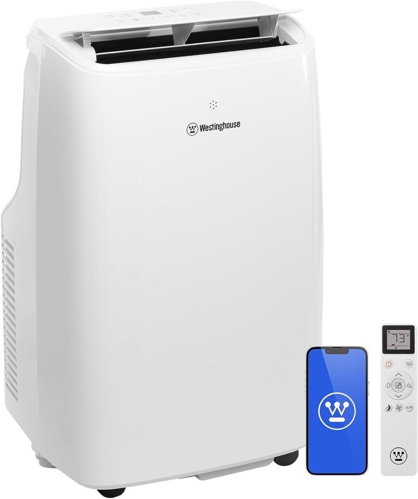 Westinghouse 10,000 BTU Air Conditioner Portable For Rooms Up To 300 Square Feet, Portable AC with Home Dehumidifier, Smart App, 3-Speed Fan, Programmable Timer, Remote Control, Window Kit, White