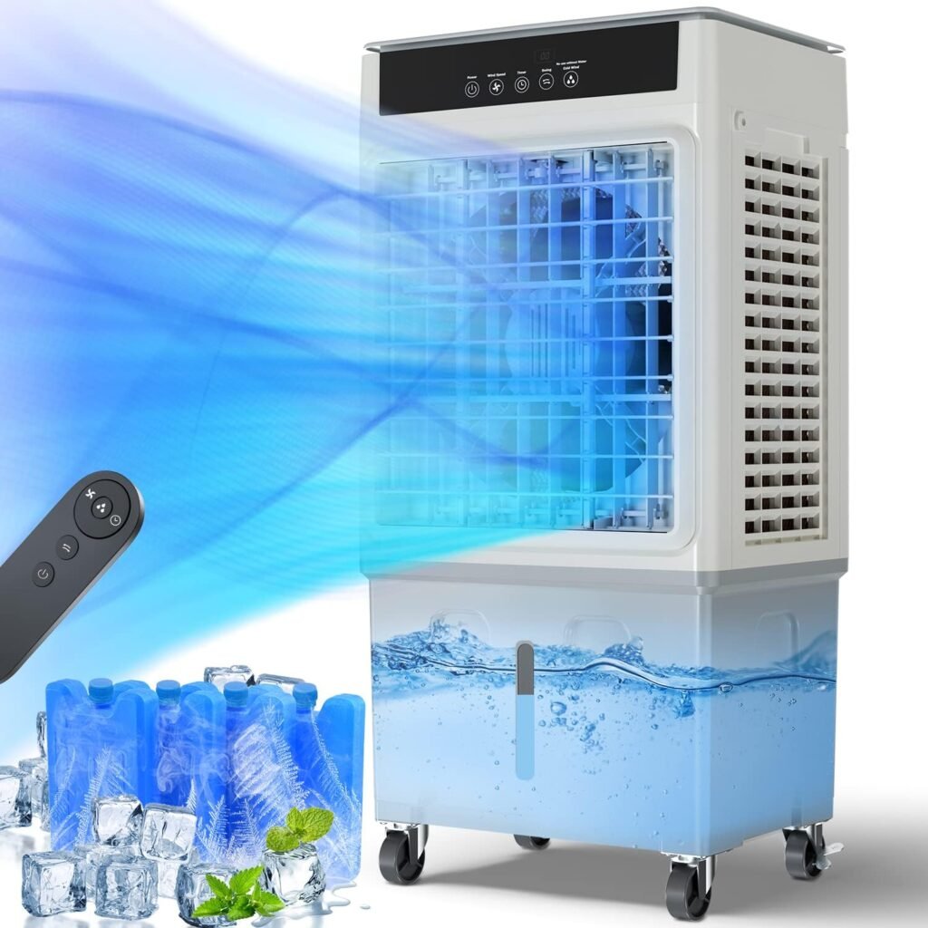 35’’ Portable Air Conditioner 3-IN-1 Evaporative Cooler, 20Ft Remote Control, Normal/Cool Modes, 3 Speeds, 1500 CFM, 100 Degree Oscillation, 750 sq. ft., 12H Timer, 4.8 Gallon Water Tank, 4 Ice Packs