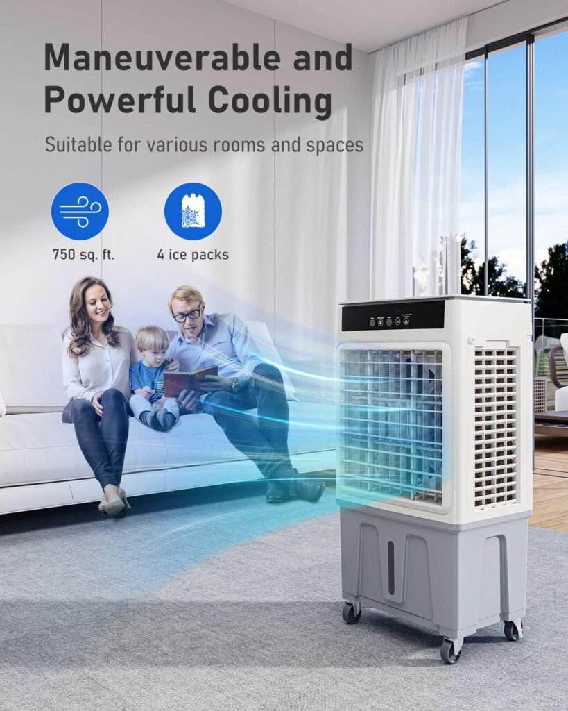 35’’ Portable Air Conditioner 3-IN-1 Evaporative Cooler, 20Ft Remote Control, Normal/Cool Modes, 3 Speeds, 1500 CFM, 100 Degree Oscillation, 750 sq. ft., 12H Timer, 4.8 Gallon Water Tank, 4 Ice Packs