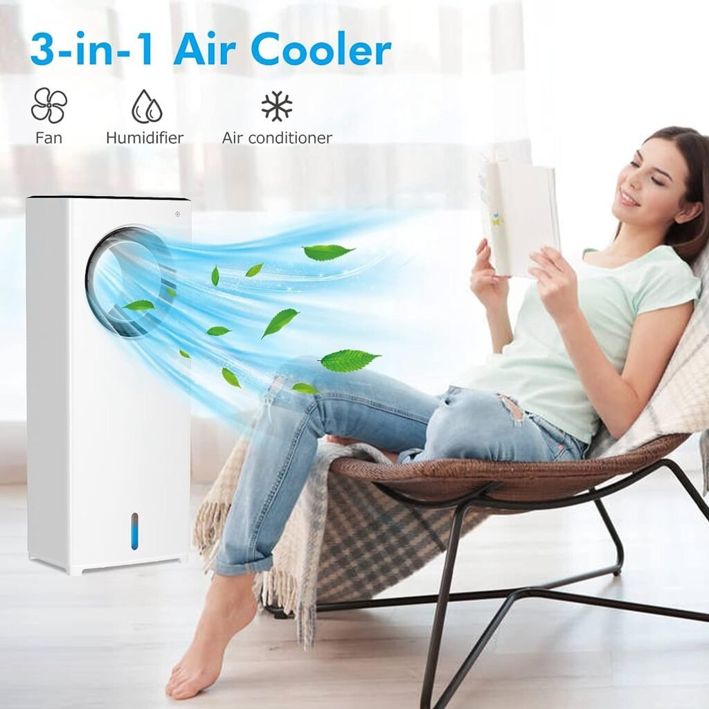 Portable Air Conditioner, 3-IN-1 Evaporative Air Cooler, Personal Bladeless Tower Fan/AC Cooling  Humidification, 3 Wind Speeds, 3 Modes, 40°Oscillation, 4-8H Timer with Remote Control, Evaporative Coolers For Room Home Office